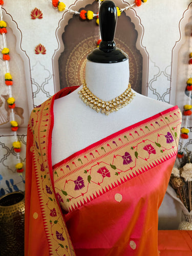Banarasi Katan Silk Paithani Saree | Orange Pink | Handwoven | Silk Mark Certified | Ships from California
